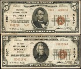 Lot of (2) Petoskey, Michigan. $5 & $20 1929 Ty. 1 & Ty. 2. Fr. 1801-2 & 1802-1. The First NB. Charter #5607. Very Fine.

A duo of notes from this E...