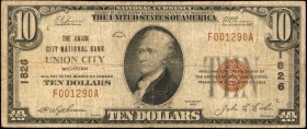 Union City, Michigan. $10 1929 Ty. 1. Fr. 1801-1. The Union City NB. Charter #1826. Fine.

Track and Price records just 18 small size notes known to...