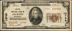 Jackson, Mississippi. $20 1929 Ty. 2. Fr. 1802-2. Capital NB. Charter #13708. Very Fine.

Track and Price reports just 13 small size notes known to ...