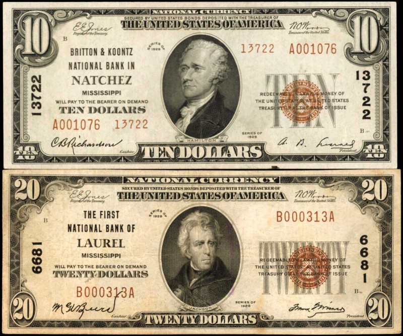 Lot of (2) Mississippi Nationals. $10 & $20 1929 Ty. 1 & Ty. 2. Fr. 1801-2 & 180...