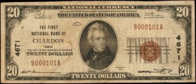 Chardon, Ohio. $20 1929 Ty. 1. Fr. 1802-1. The First NB. Charter #4671. Fine.

Track and Price lists just 8 small size notes known to this Geauga Co...
