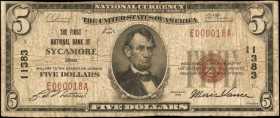Sycamore, Ohio. $5 1929 Ty. 1. Fr. 1800-1. The First NB. Charter #11383. Fine.

Track and Price reports just 11 small size notes known to this Wyand...