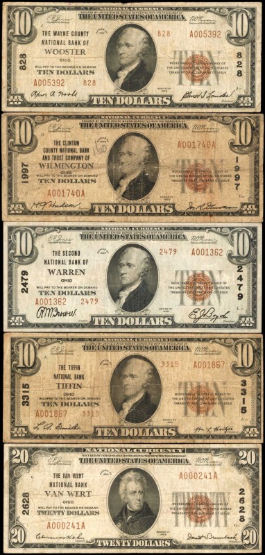 Lot of (5) Ohio Nationals. $10 & $20 1929 Ty 1 & Ty. 2. Fr. 1801-1, 1801-2 & 180...