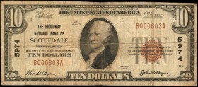 Scottdale, Pennsylvania. $10 1929 Ty. 1. Fr. 1801-1. The Broadway NB. Charter #5974. Fine.

Track and Price lists just a scant 8 small size notes in...