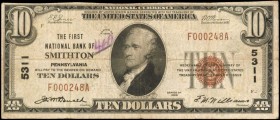 Smithton, Pennsylvania. $10 1929 Ty. 1. Fr. 1801-1. The First NB. Charter #5311. Very Fine.

Track and Price reports just 7 small size notes known f...