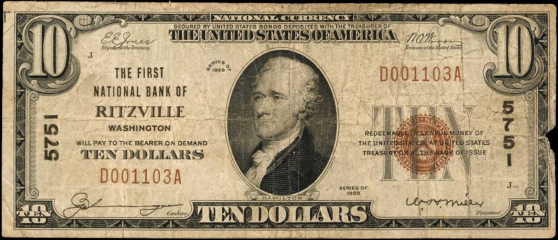 Ritzville, Washington. $10 1929 Ty. 1. Fr. 1801-1. The First NB. Charter #5751. ...