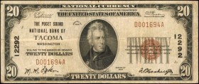 Tacoma, Washington. $20 1929 Ty. 1. Fr. 1802-1. The Puget Sound NB. Charter #12292. Very Fine.

This Pierce County issued note is found in a Very Fi...
