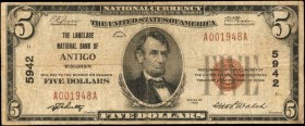 Antigo, Wisconsin. $5 1929 Ty. 1. Fr. 1800-1. The Langlade NB. Charter #5942. Very Fine.

Two pinholes are noticed on this Langlade County issued no...
