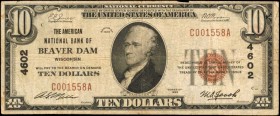 Beaver Dam, Wisconsin. $10 1929 Ty. 1. Fr. 1801-1. The American NB. Charter #4602. Very Fine.

A Very Fine example of this Dodge County issued $5. A...
