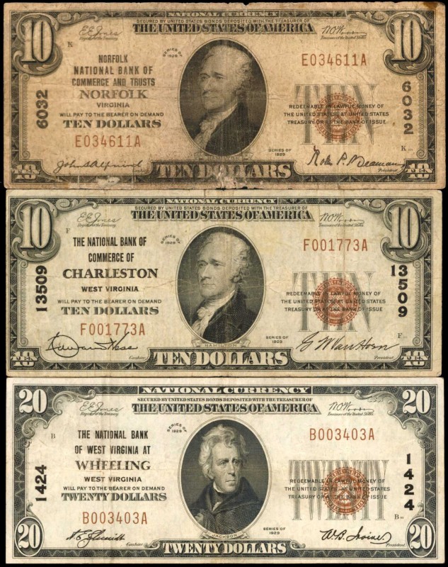 Lot of (3) Virginia & West Virginia Nationals. $10 & $20 1929 Ty. 1. Fr. 1801-1 ...