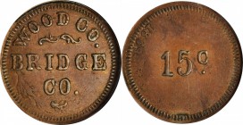 Wisconsin--Wisconsin Rapids. Undated (ca. 1867-1873) Wood County Bridge Co. 15 Cents. Atwood-WI 980C. Copper. Plain Edge--Overstruck on a Patriotic Ci...