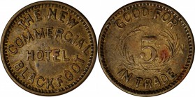 Blackfoot. THE NEW / COMMERCIAL / HOTEL / BLACKFOOT // GOOD FOR / 5¢ / IN TRADE. 21 mm. Brass. Rubick (2020) Unlisted. Extremely Fine.

Listed in to...
