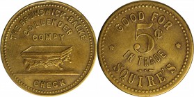 Grantsdale. GOOD FOR / 5¢ / IN TRADE / SQUIRES // THE BRUNSWICK-BALKE / COLLANDER / COMPY / (pool table) / CHECK 24 mm. Brass. Very Fine.

Rubick (2...