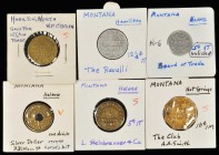 Hamilton to Hot Springs. Lot of (6) tokens evaluated as EV-6 by Roy Rubick in the 2020 edition of his Montana token catalog.

Includes the brass 12 ...