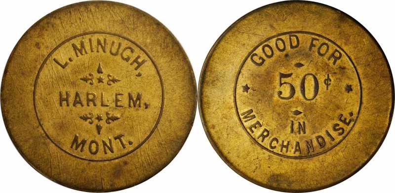 Harlem. L. MINUGH / HARLEM / MONT. // GOOD FOR / 50¢ / IN / MERCHANDISE. 38.5 mm...