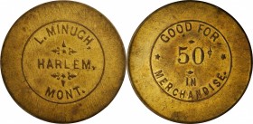 Harlem. L. MINUGH / HARLEM / MONT. // GOOD FOR / 50¢ / IN / MERCHANDISE. 38.5 mm. Brass. Rubick (2020) EV-7. About Uncirculated.



Estimate: 100