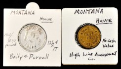 Havre. A pair of Unlisted tokens.

BAILY & PURNELL / HAVRE, / MONT. // GOOD FOR / 12 1/2 / TRADE. 24 mm. Aluminum. Extremely Fine. HIGH LINE / AMST....