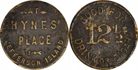 Jefferson Island. AT / HYNES' / PLACE / JEFFERSON ISLAND // GOOD FOR / 12 1/2¢ / DRINK OR CIGAR. 21 mm. Brass. Rubick (2020) EV-9. Very Fine, somewhat...