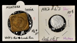 Joliet and Lavinia. Pair of tokens listed as EV-7 (or unlisted) in Rubick's 2020 Listing.

The 10¢ aluminum token from Hazel's Bar in Joliet, and Wo...