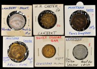 Lambert, Lavina, and Lewistown. Lot of (6) EV-6 merchant tokens as listed in the 2020 Rubick Montana Token Catalog.

From Lambert, the Sc-12 brass 5...