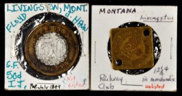 Livingston. Lot of (2) EV-7 tokens.

The square brass Railway Club 12 1/2¢ token, Extremely Fine, but with 2 neat holes, and the 50¢ bimetal token o...