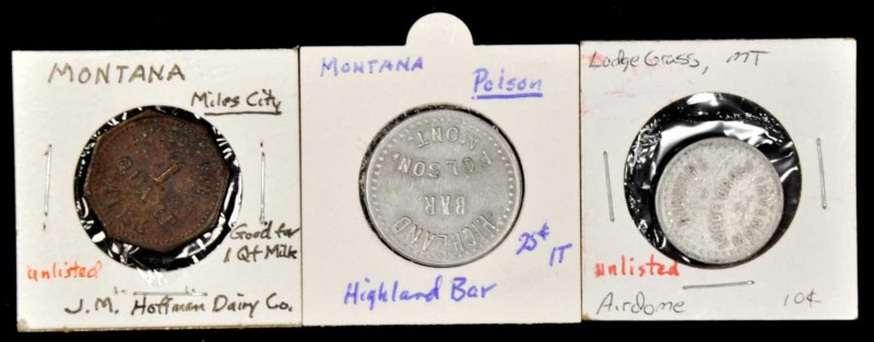 Lodge Grass, Miles City, and Polson. Group of (3) merchant tokens that are Unlis...