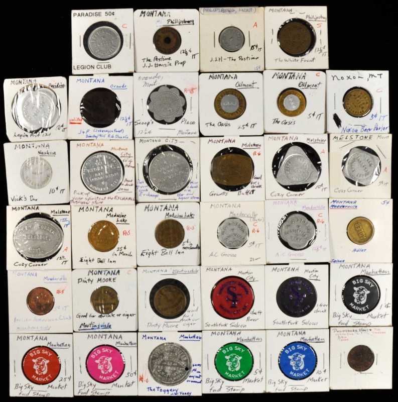 Manhattan to Philipsburg. Lot of (34) merchants tokens mostly rated EV-5 and bel...