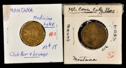 McCone City and Medicine Lake. Lot of (2) elusive EV-7 tokens, as listed in Rubick's 2020 Montana token catalog.

McCone City Bar 5¢ Brass in Very F...