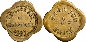 Melstone. ANTLERS BAR / MELSTONE, / MONT. // GOOD FOR / A / SMILE. 29 mm S-4. Brass. Rubick (2020) EV-8. Very Fine.



Estimate: 400