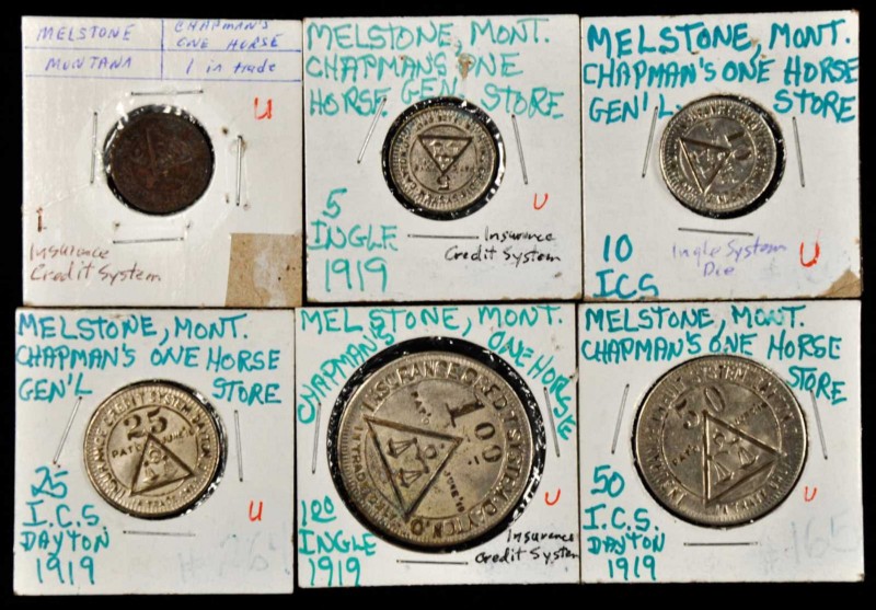 Melstone. Set of (6) Ingle System Tokens from Chapman's One Horse Gen'l Store. 1...