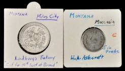 Miles City and Moccasin. Lot of (2) elusive EV-7 tokens.

The 10¢ Loaf of Bread token from Lindberg's Bakery in Miles City in Very Fine condition, a...