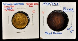 Perma and Potomac. Pair of EV-7 merchant tokens according to the 2020 edition of Rubick's Montana token catalog.

Includes the 10¢ octagonal brass t...