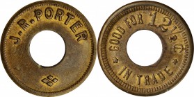 Red Rock. J. R. PORTER // GOOD FOR 12 1/2¢ / IN TRADE. 21 mm. Brass with center hole. Rubick (2020) Unlisted. Extremely Fine.

The person who assemb...