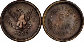 Red Lodge. F. (eagle) Y. / NEST // GOOD FOR / 5¢ / TRADE / RED LODGE, MONT. 21.5 mm. Brass. Rubick (2020) EV-7. Very Fine.

A neat rebus token for F...