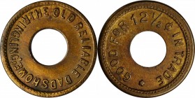 Ringling. THE OLD RELIABLE DADS HOME / RINGLING, // GOOD FOR 12 1/2¢ IN TRADE. 21 mm. Brass with center hole. Rubick (2020) Unlisted. As the listed EV...
