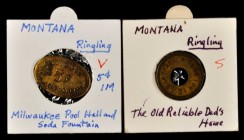 Ringling. Lot of (2) EV-7 merchant tokens.

Includes the oval brass Milwaukee Pool Hall and Soda Fountain 5¢ token in Very Fine condition, and an Ol...
