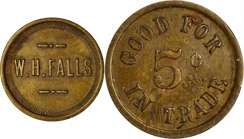 Ruby. W. H. FALLS // GOOD FOR / 5¢ / IN TRADE. 21 mm. Brass. Rubick (2020) UNLIS...