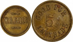 Ruby. W. H. FALLS // GOOD FOR / 5¢ / IN TRADE. 21 mm. Brass. Rubick (2020) UNLISTED. Very Fine.

tokencatalog.com attributes this to Twin Bridges an...