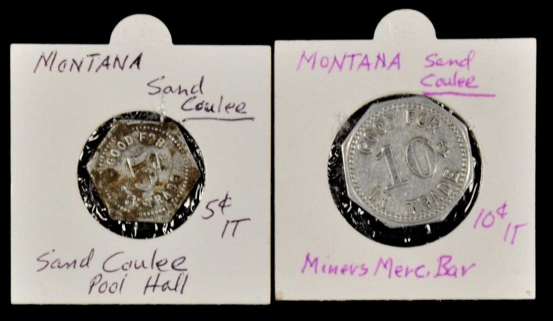 Sand Coulee. Lot of (2) unlisted tokens.

MINERS MERC. / BAR / SAND COULEE // ...