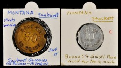 Stockett and Sunburst. Lot of (2) tokens evaluated as EV-7 in the 2020 Montana Token Catalog.

The octagonal aluminum 10¢ token of Bozzoli And Guist...