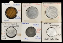 Victor to Whitewater. Lot of (6) EV-6 tokens listed in the 2020 Montana token catalog.

This lot includes, from Victor, an unusual steel token stamp...