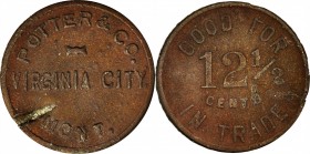 Virginia City. POTTER & CO. / VIRGINIA CITY, / MONT. // GOOD FOR / 12 1/2 / CENTS / IN TRADE. 21 mm. Brass. Rubick (2020) EV-9. Very Fine, rim cut at ...