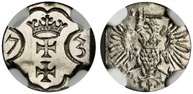 Interregnum, Denarius Danzig 1573 - NGC MS67
Moneta o prezencji, która na lata zapada w pamięć. Tak wiekowej monety w tak spektakularnym stanie zacho...