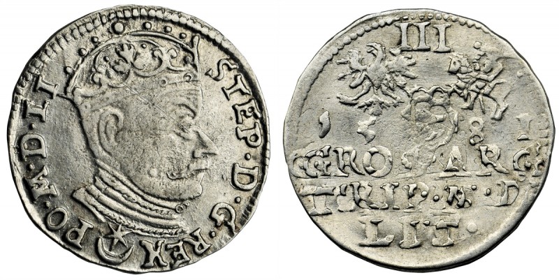 Stephen Bathory, 3 Groschen Vilnius 1581 - LI
Przyjemny, obustronny połysk. Zad...