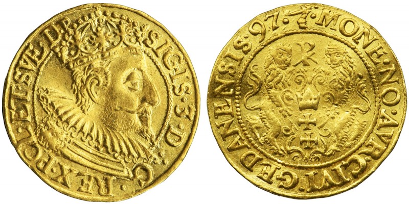 Sigismund III Vasa, Ducat Danzig 1597
Odmiana ze zbroją dekorowaną głową lwa. W...