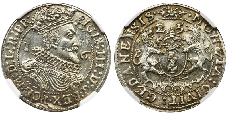 Sigismund III Vasa, 1/4 Thaler Danzig 1625 - NGC MS62 - PR•
Odmiana z PR• na ko...