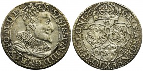 Sigismund III Vasa, 6 groschen Marienburg 1696
Odmiana z małym popiersiem króla. Na rewersie znak pierścień dzierżawcy mennicy Kaspra Goebla oraz zna...
