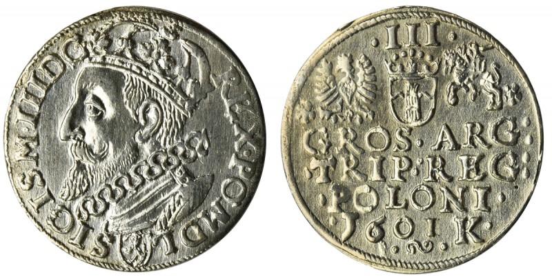 Sigismund III Vasa, 3 Groschen Krakau 1601 - left head
Piękny, z obustronnym lu...