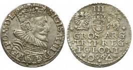 Sigismund III Vasa, 3 Groschen Marienburg 1594
Odmiana ze skróconą datą pomiędzy znakiem pierścień, dzierżawcy mennicy Kaspra Goebla oraz znakiem tró...