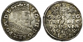 Sigismund III Vasa, 3 Groschen Posen 1595
Odmiana ze średnią głową króla, płaska korona z małą rozetą, przy hakach inicjały VI Walentego Jahnsa.
Pod...